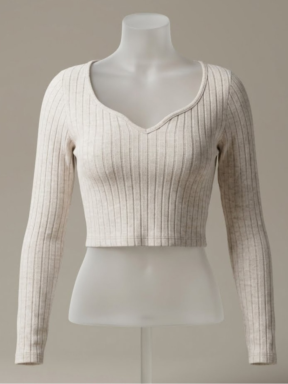 SHEIN- Ribbed V-Neck Oatmeal Beige Cropped Sweater Top: Sz S